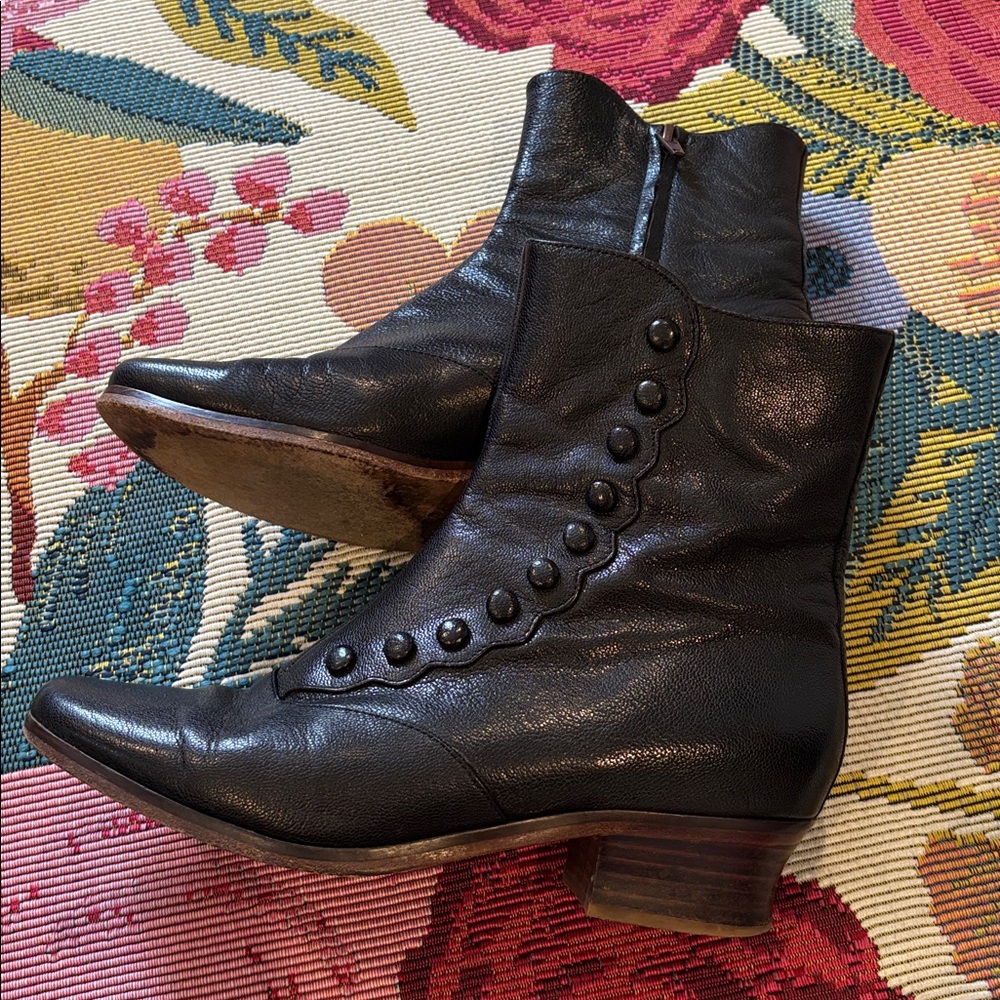 Black Leather Button-Up Ankle Boots